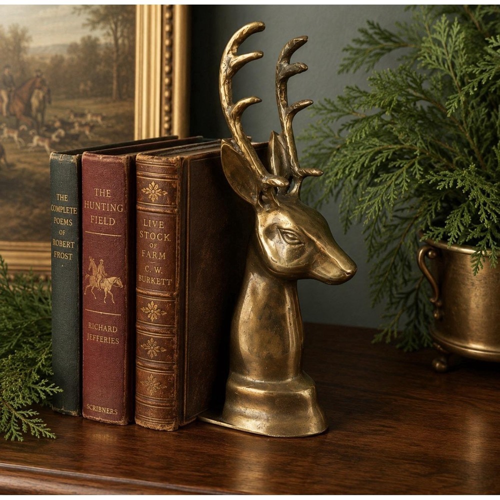 Vintage Brass Stag Deer Bookend 9.5" Single Buck Woodland Equestrian Decor